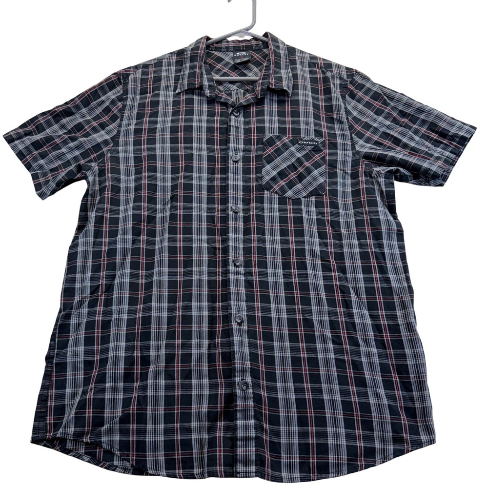 Oakley Shirt Men L Black Plaid Button Up Short Sleeve Regular Fit Pocket Casual